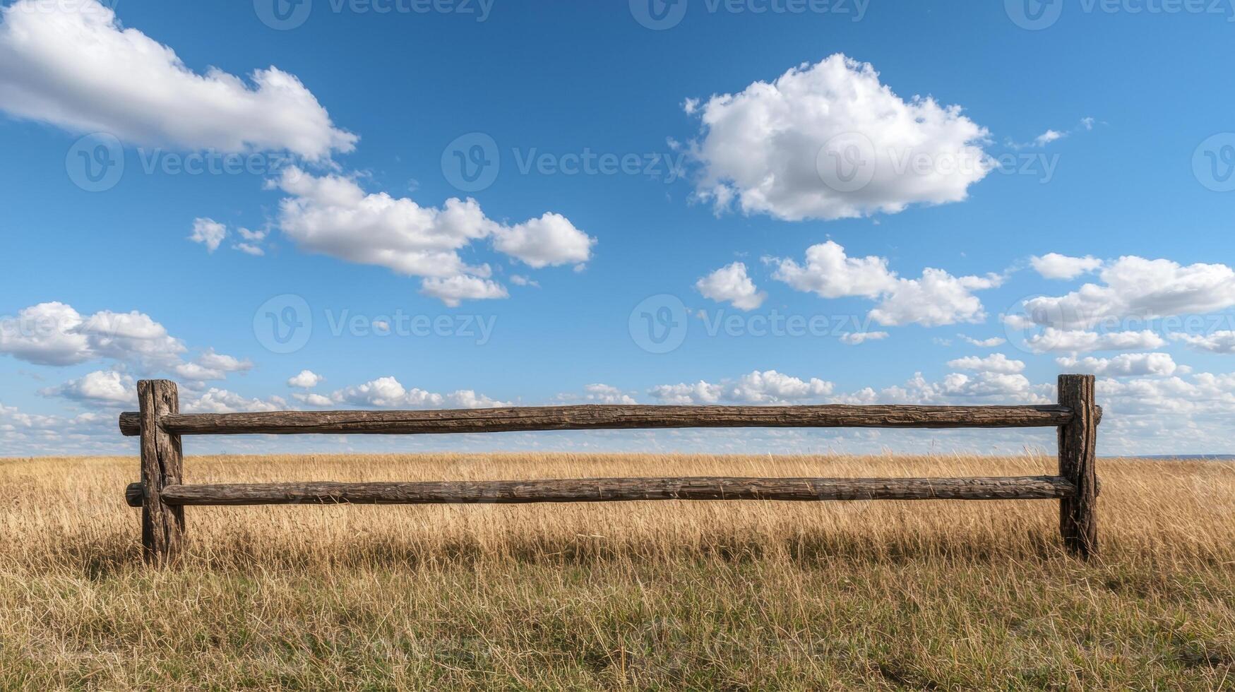 Wooden fence in a field under a blue sky photo