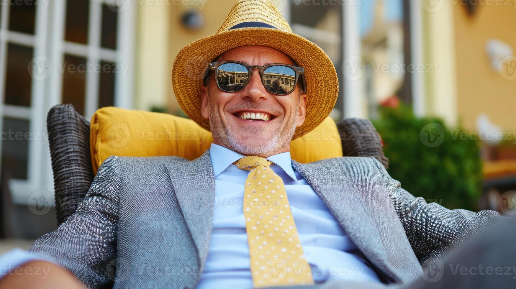 Man in a suit and straw hat smiles while lounging in a sunny outdoor setting, enjoying the day photo