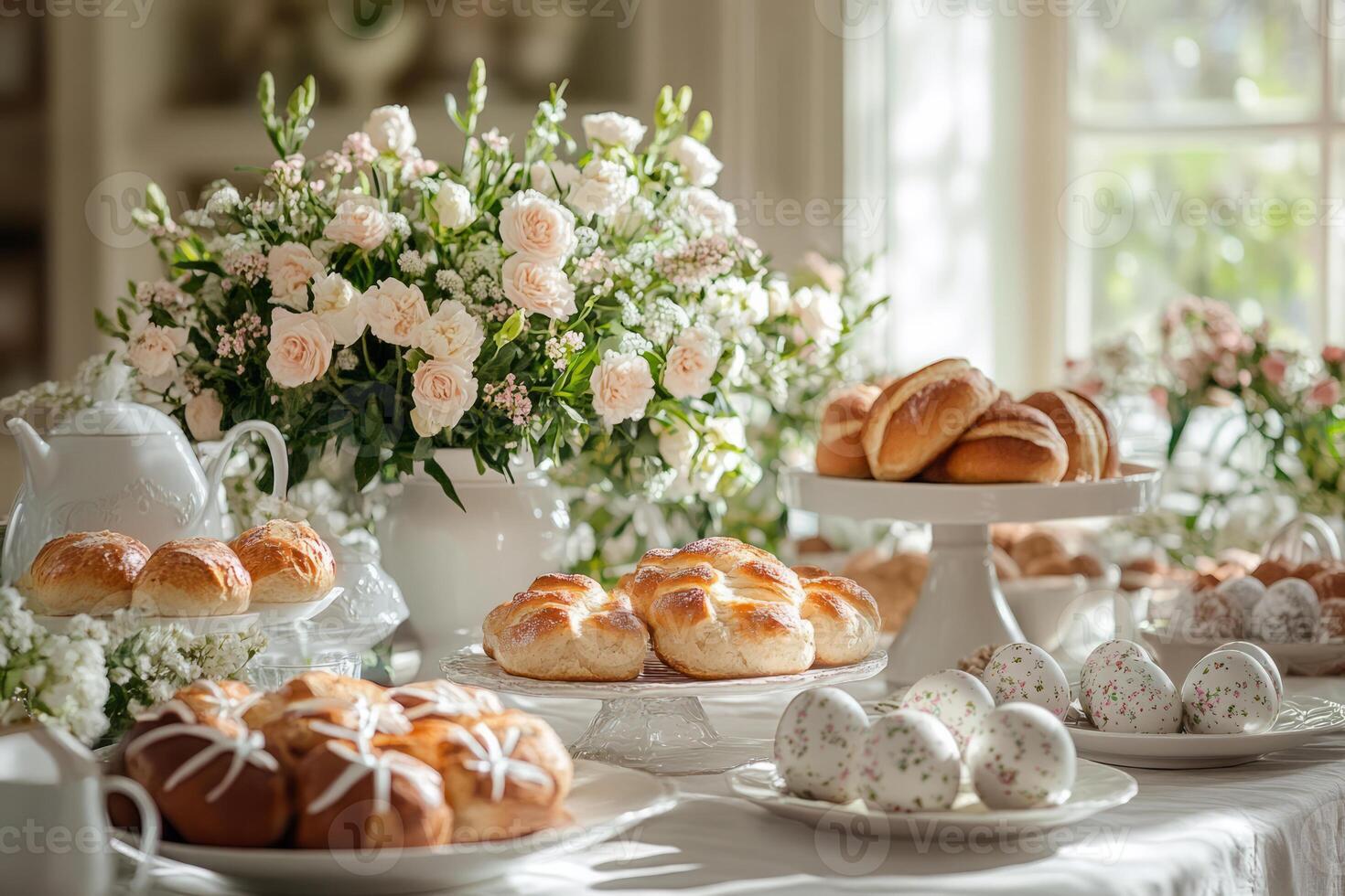Elegant Easter table with fresh bread, eggs and floral decorations photo