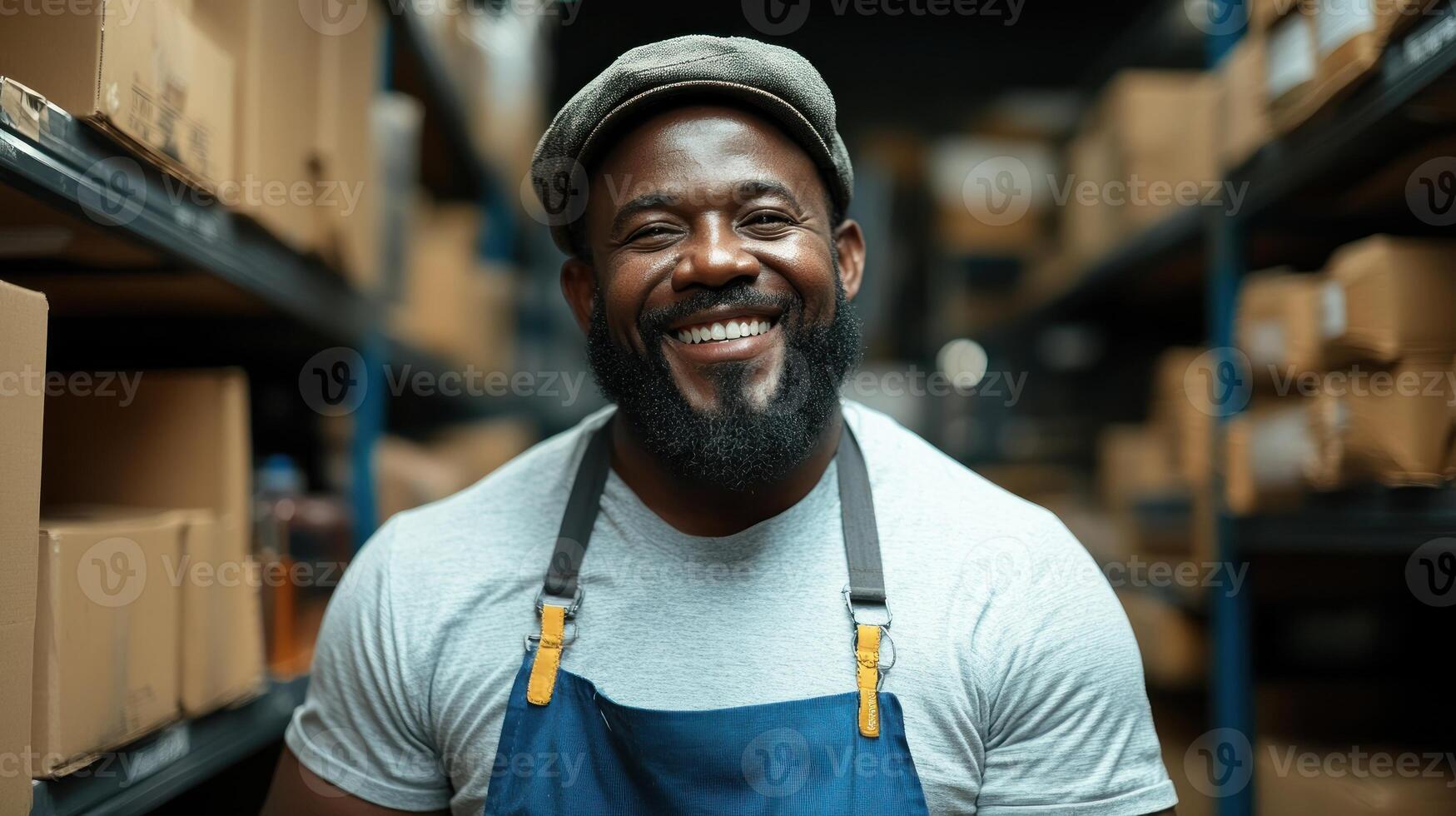 A man dressed in work attire smiles confidently while standing in a warehouse photo