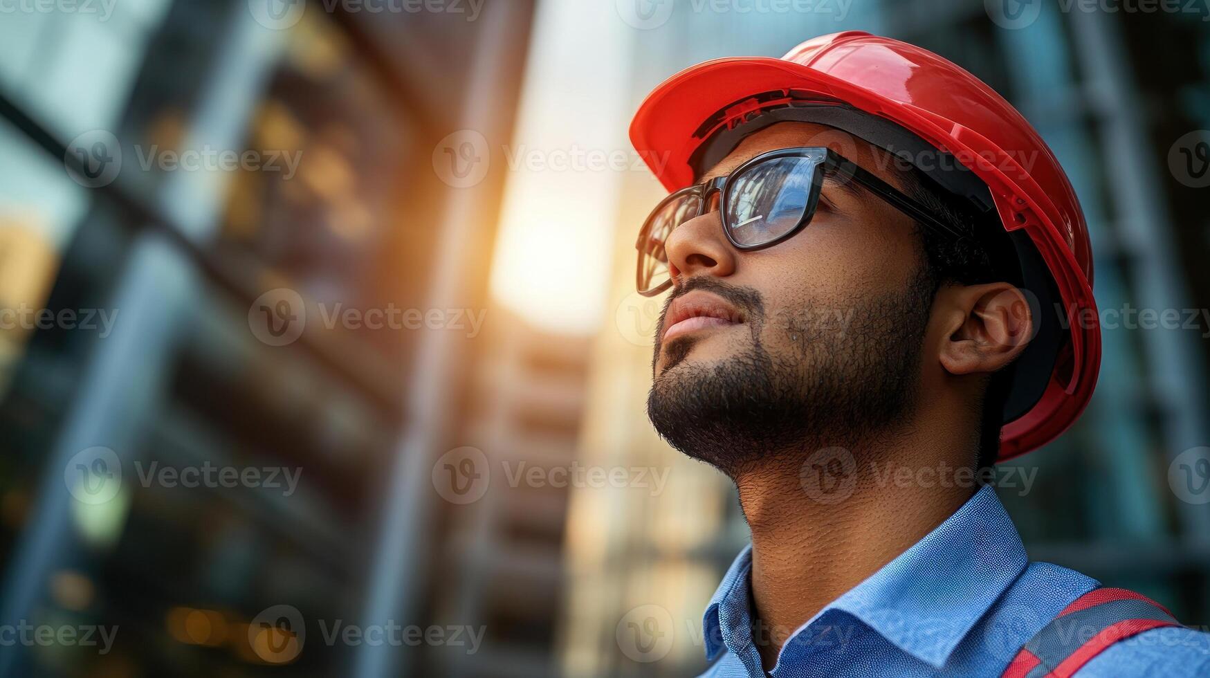 Construction worker in hard hat and glasses looks up at buildings while considering project details photo