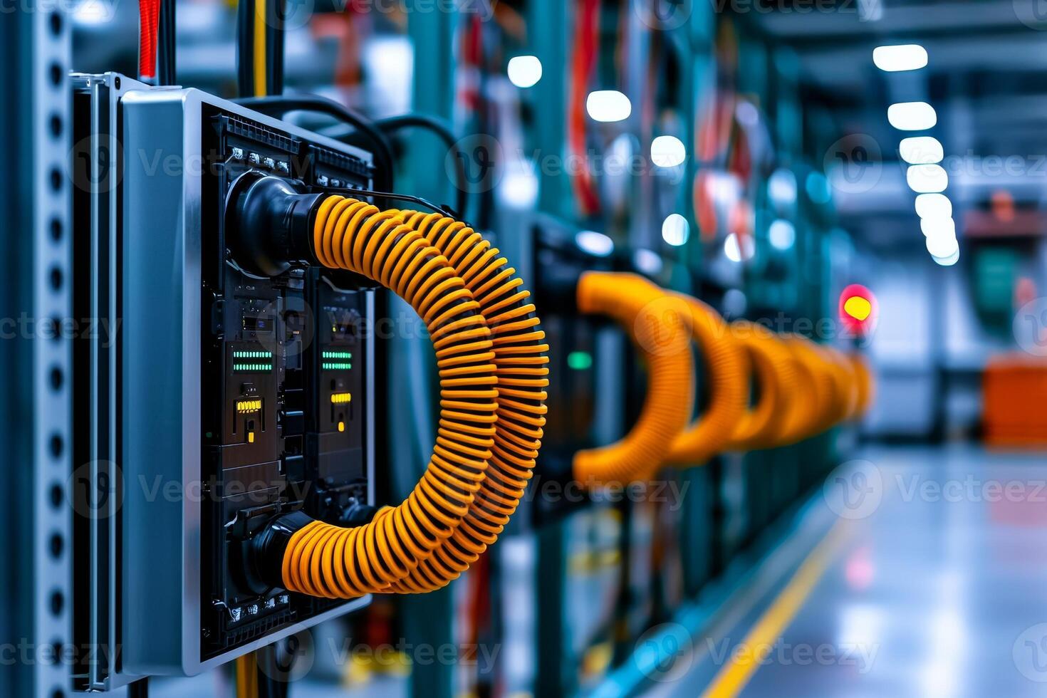 Peak energy storage concept. Industrial control panel with orange coiled cables photo
