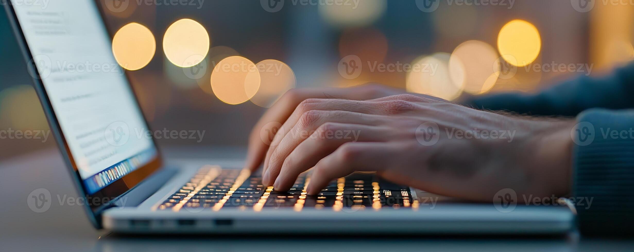 Meeting results execution concept. Typing on a laptop with blurred lights in the background. photo
