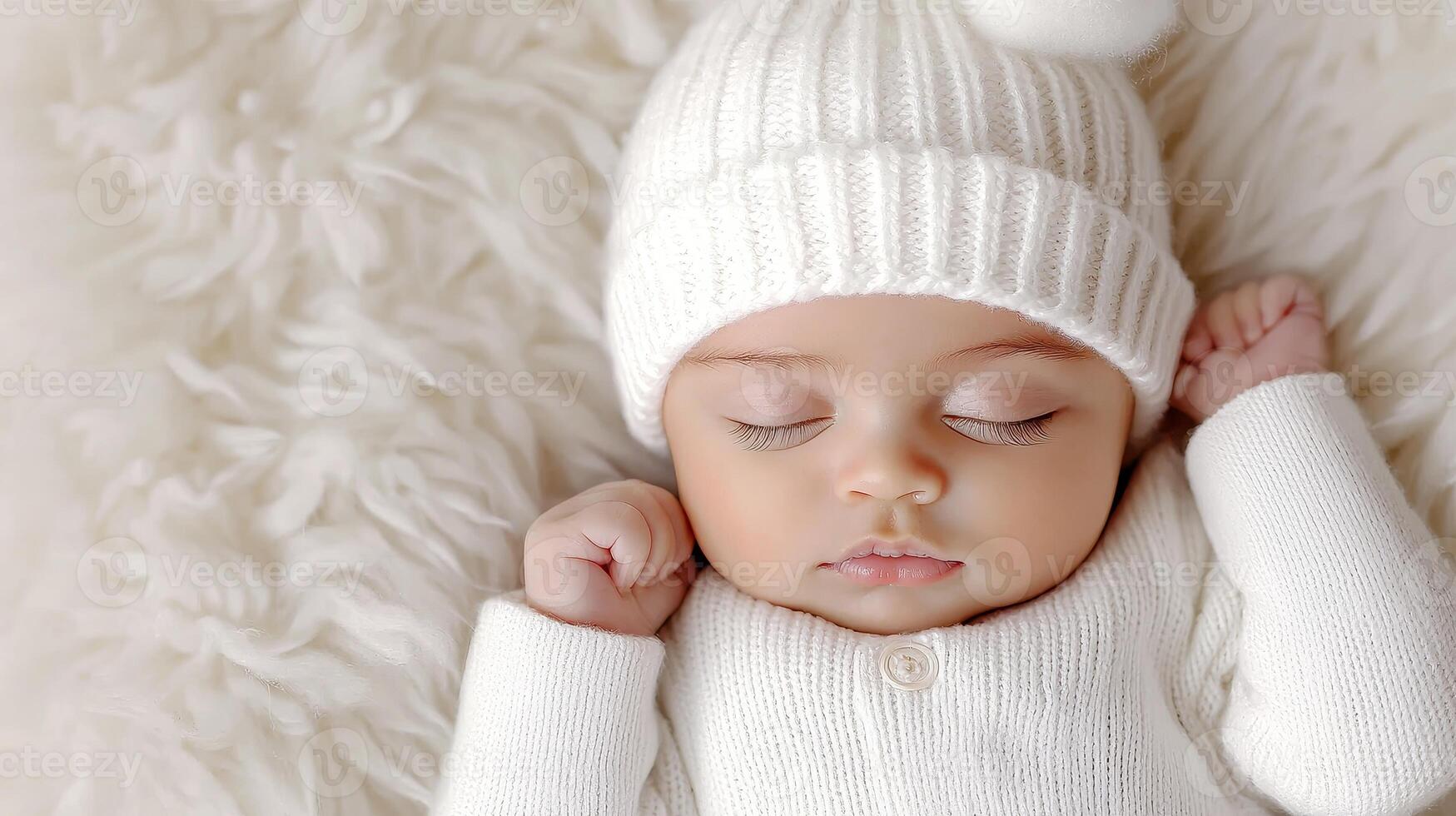 Baby peacefully sleeping in a cozy white outfit and hat. photo