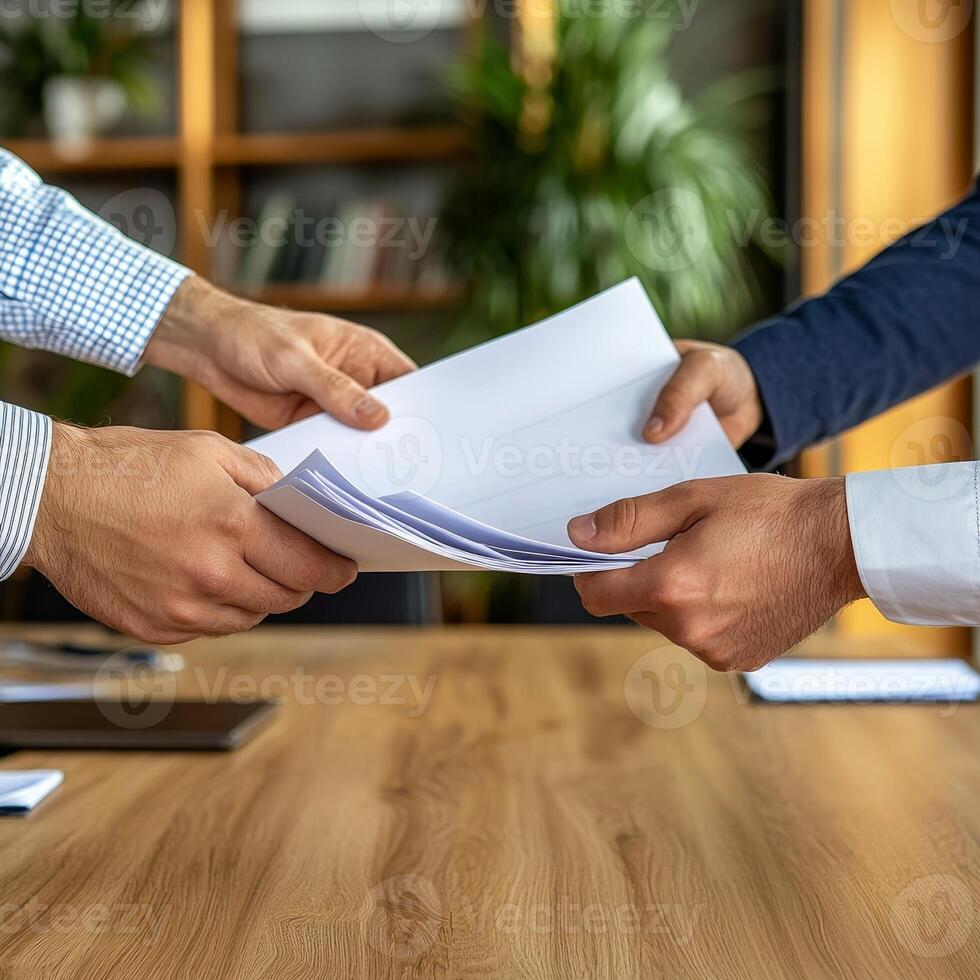 Meeting results execution concept. Two hands exchanging documents in a professional setting. photo