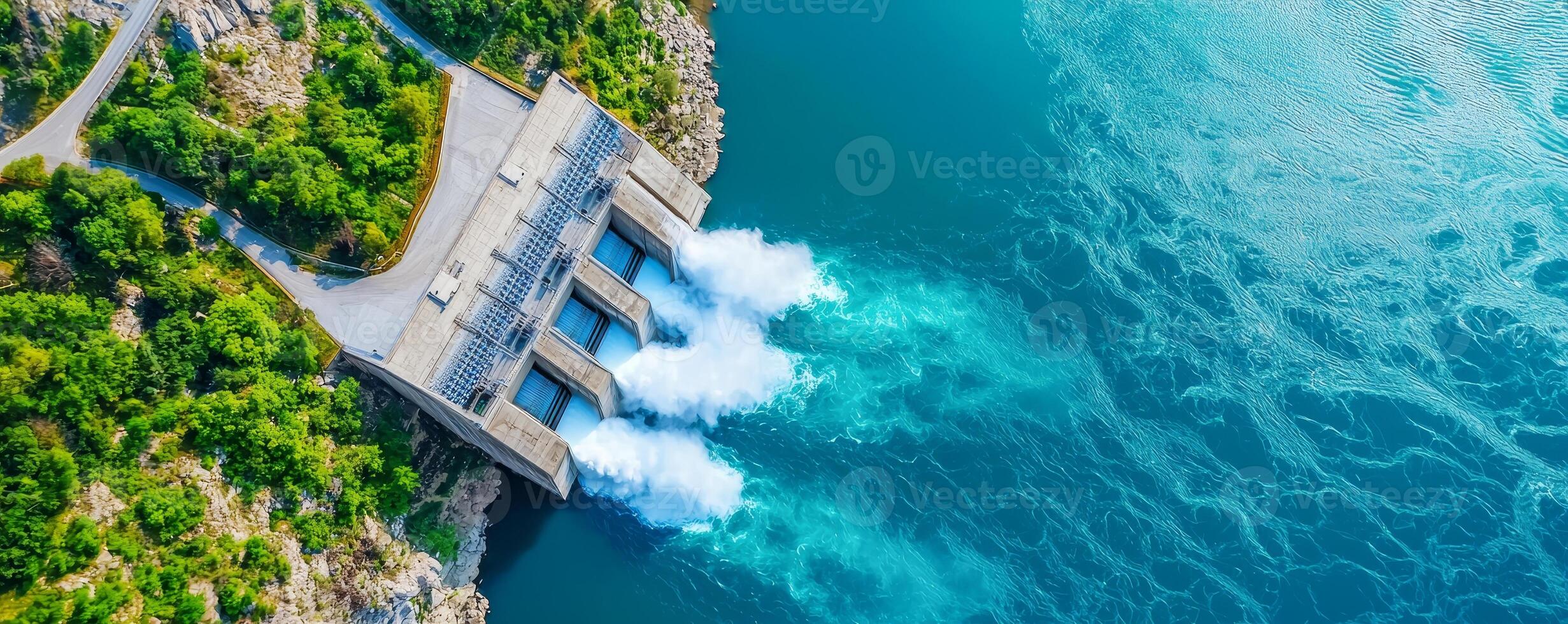 Peak energy sustainability concept. Aerial view of a dam releasing water into a river. photo