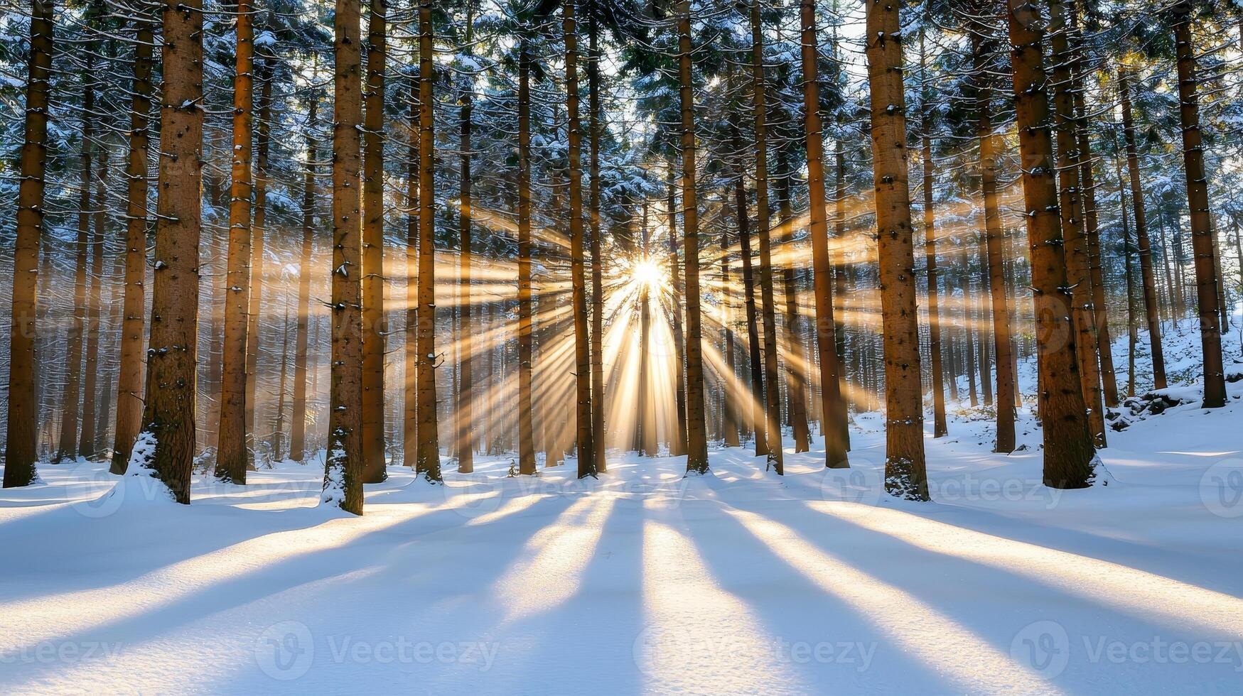 Sunlight filters through snowy forest trees, creating a serene winter scene. photo
