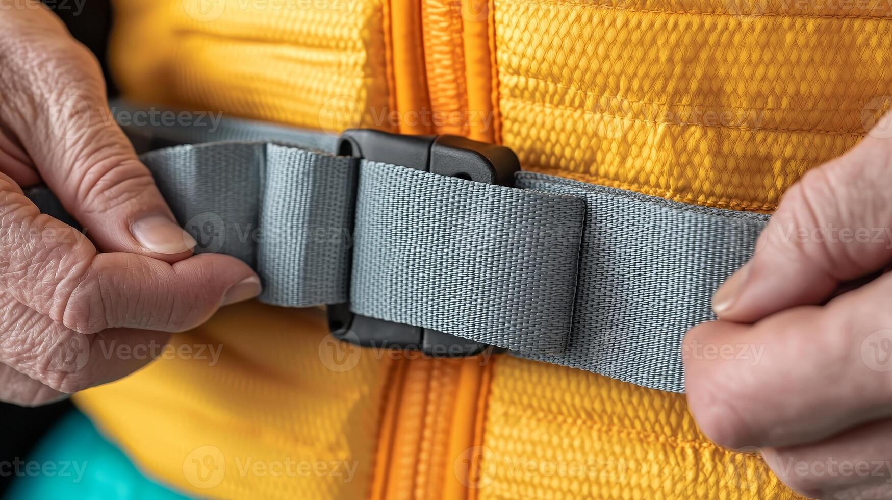 Senior independence safety concept. Close-up of hands fastening a gray strap on an orange jacket. photo