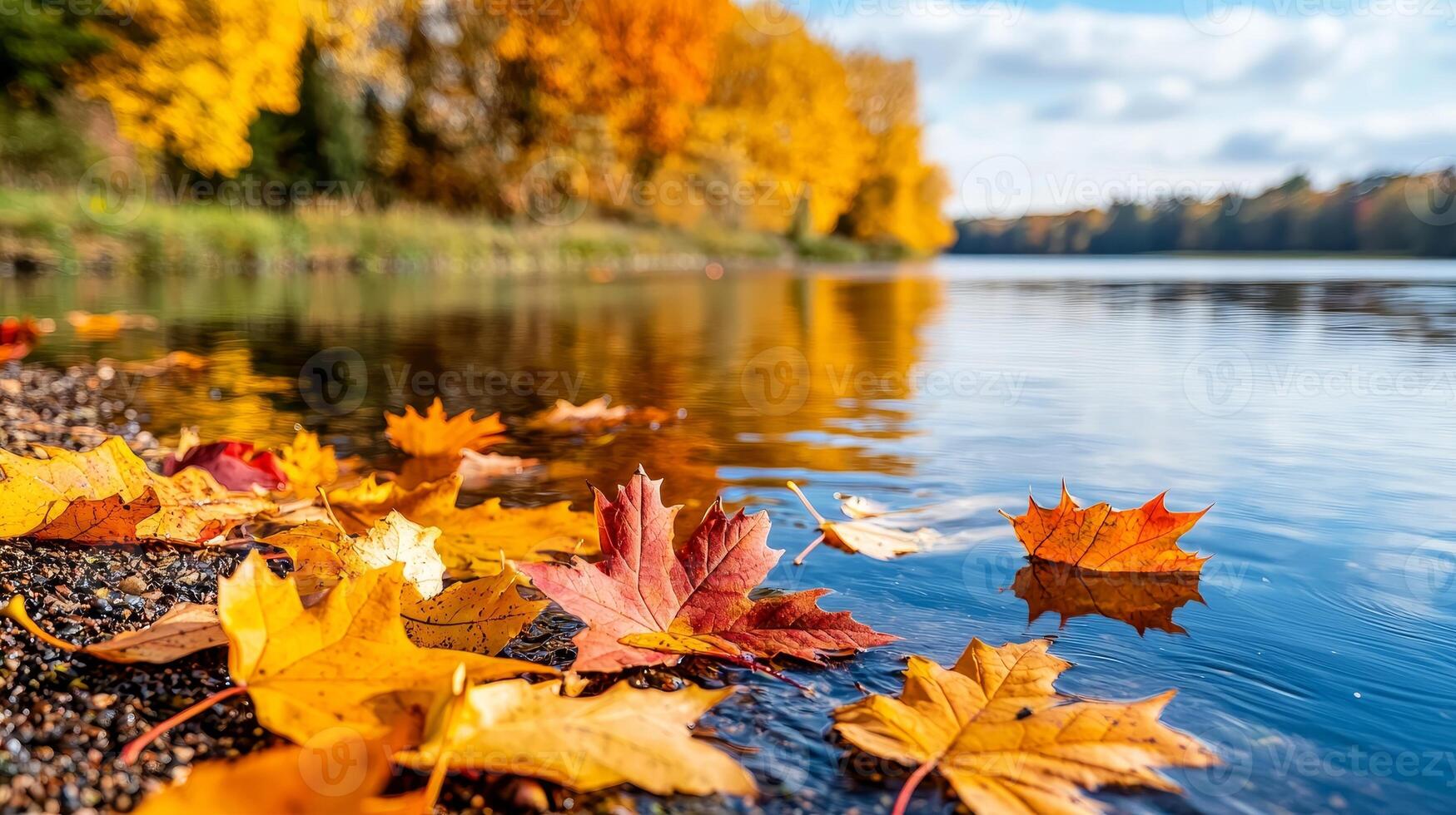 Colorful autumn leaves by a tranquil lakeside reflecting nature's beauty. photo
