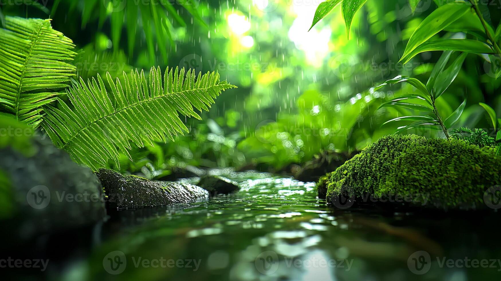 Lush green forest with a serene stream flowing through it. photo