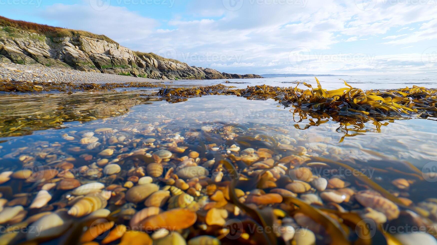 Calm shoreline with pebbles and seaweed reflecting in shallow water. photo
