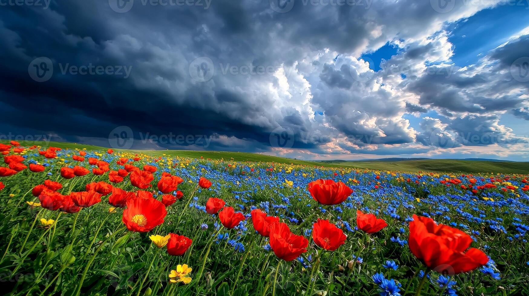Vibrant flowers under a dramatic sky showcase nature's beauty. photo
