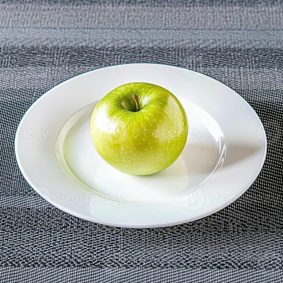 Green apple on a white plate against a textured background. photo