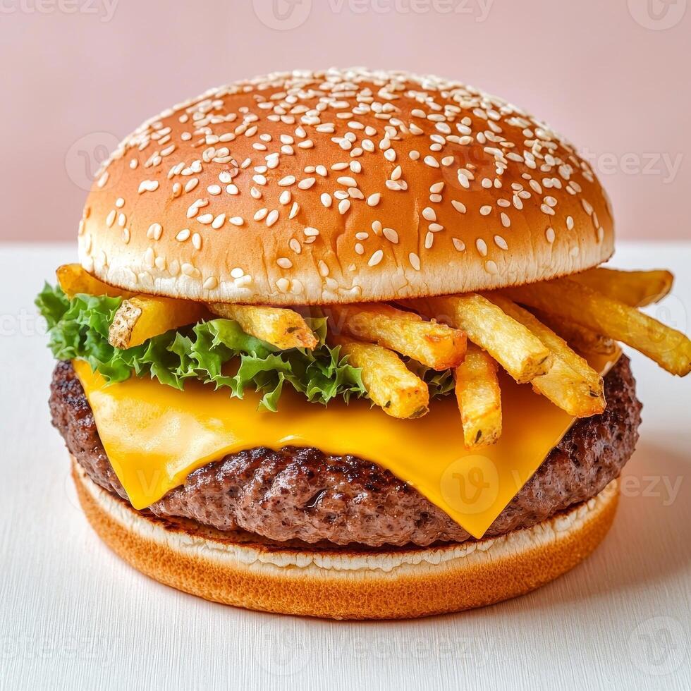 Juicy cheeseburger with fries and lettuce in a sesame seed bun. photo