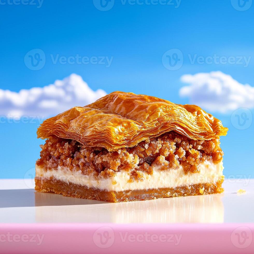 Delicious layered dessert with nuts and cream against a blue sky. photo
