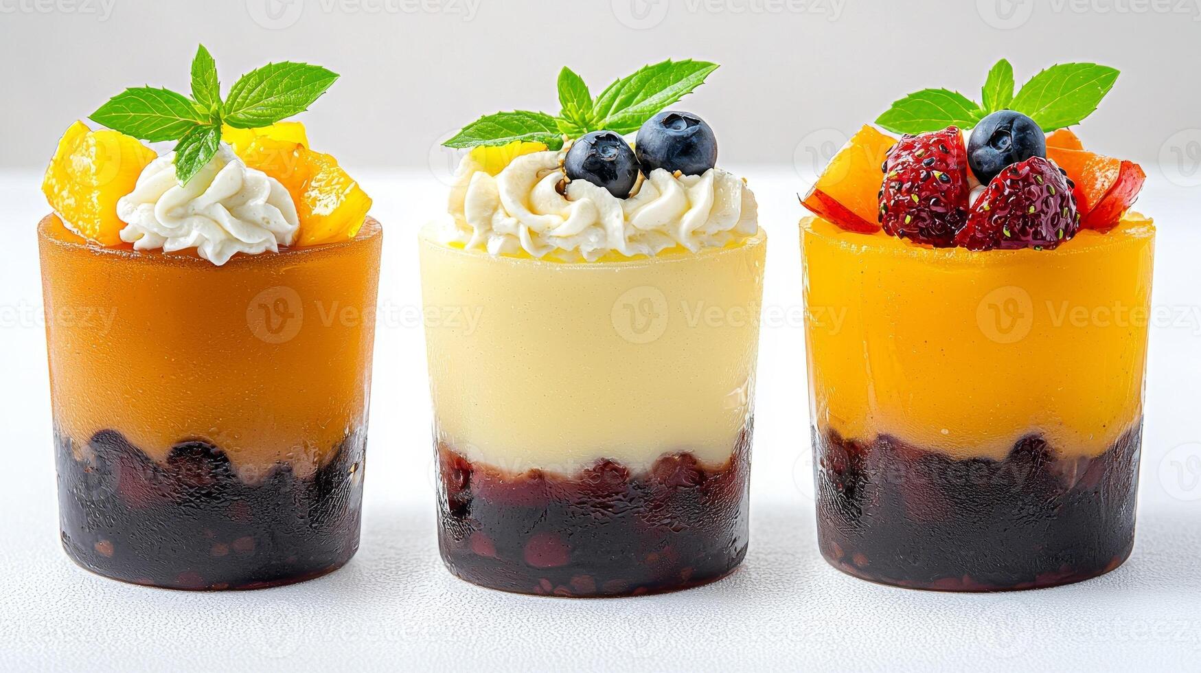 Delicious layered desserts in colorful cups with fruits and cream. photo