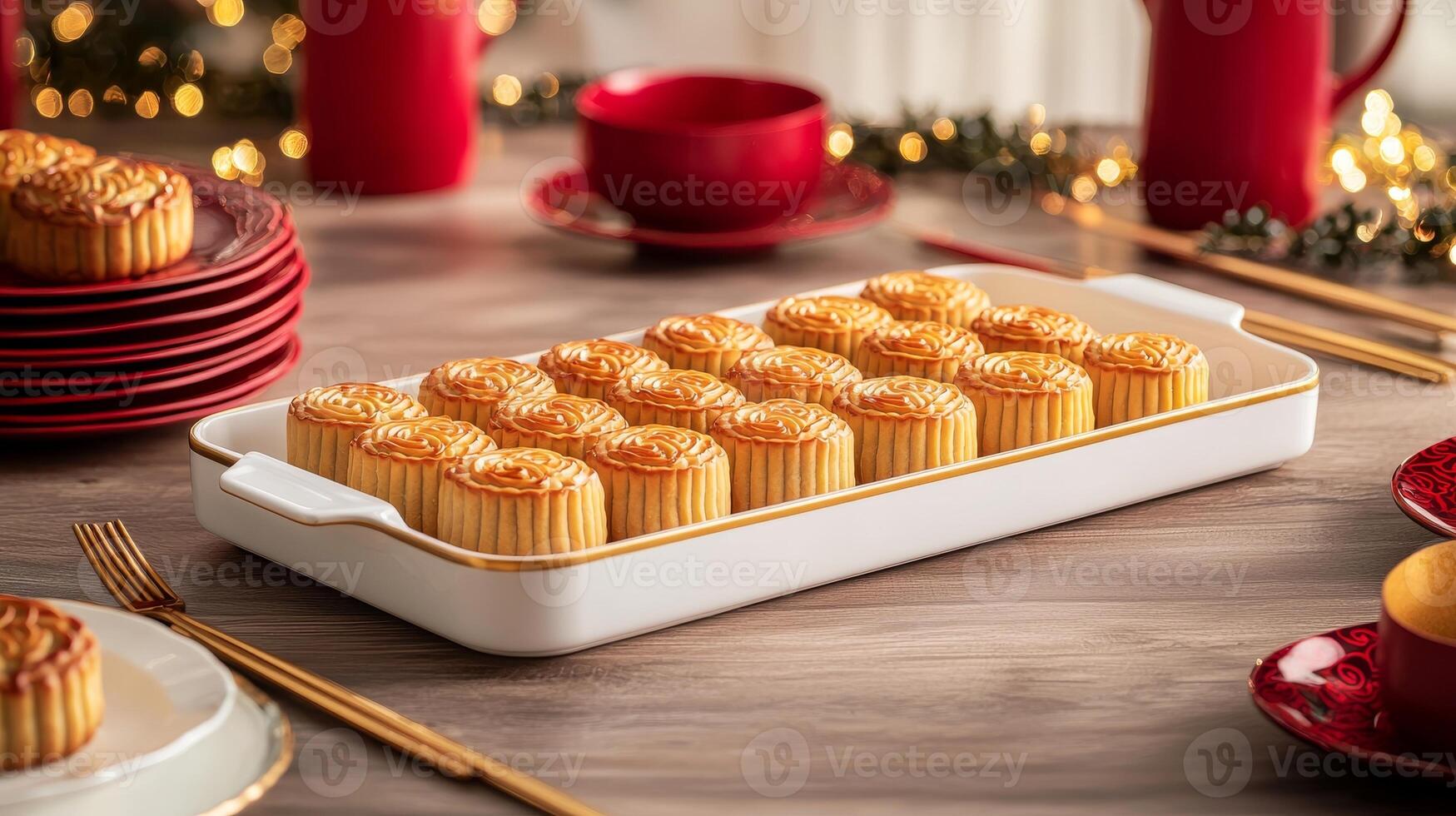 Chinese new year joyous reunion concept. Delicious treats arranged on a festive table setting. photo