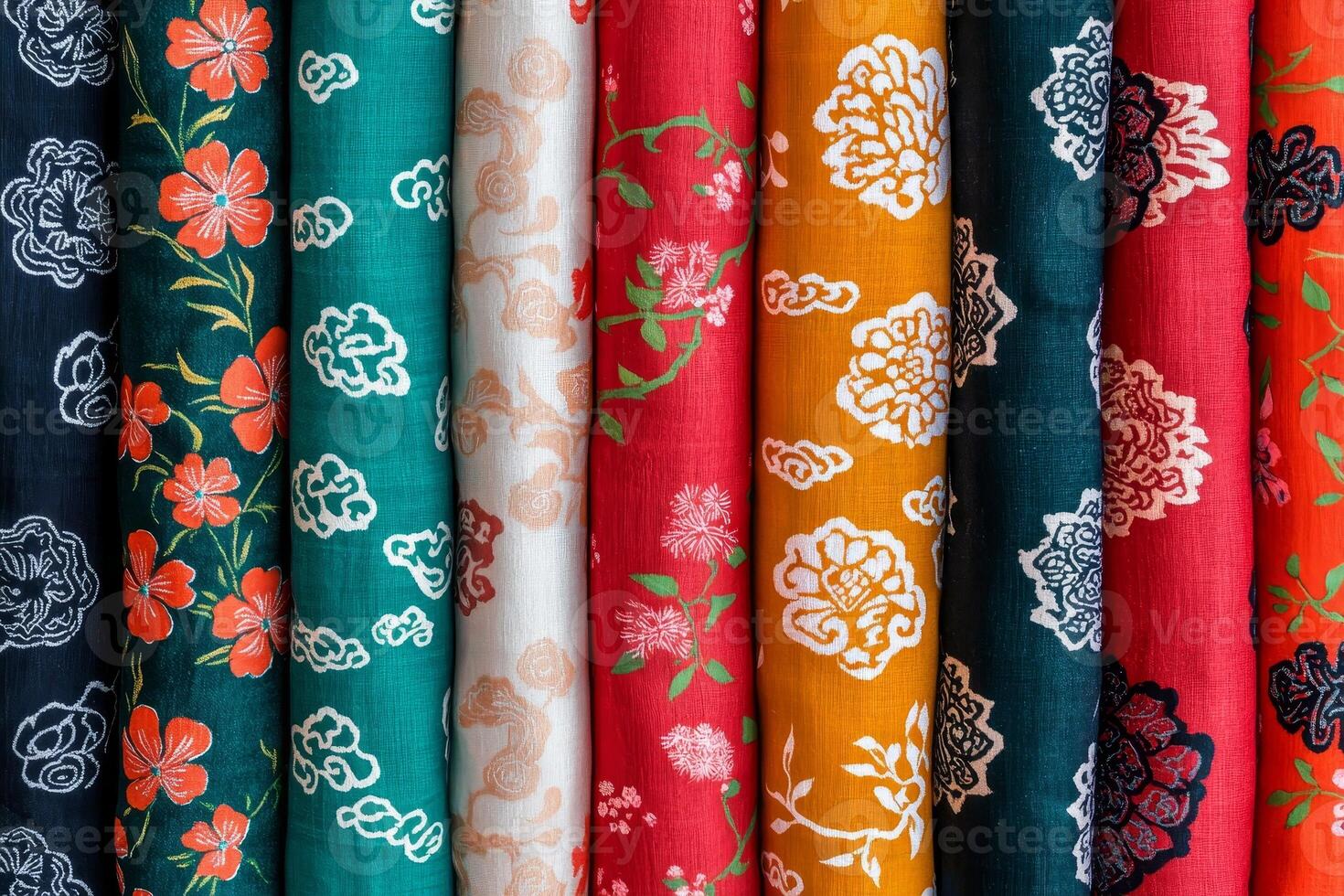 Sustainable aging in Chinese new year. Colorful fabrics with floral patterns in vertical rows. photo