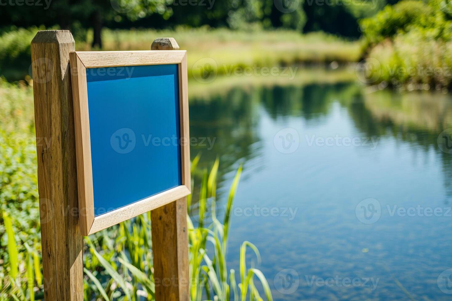 Care for freshwater ecosystem concept. Blank signpost by a tranquil river in a lush green landscape. photo