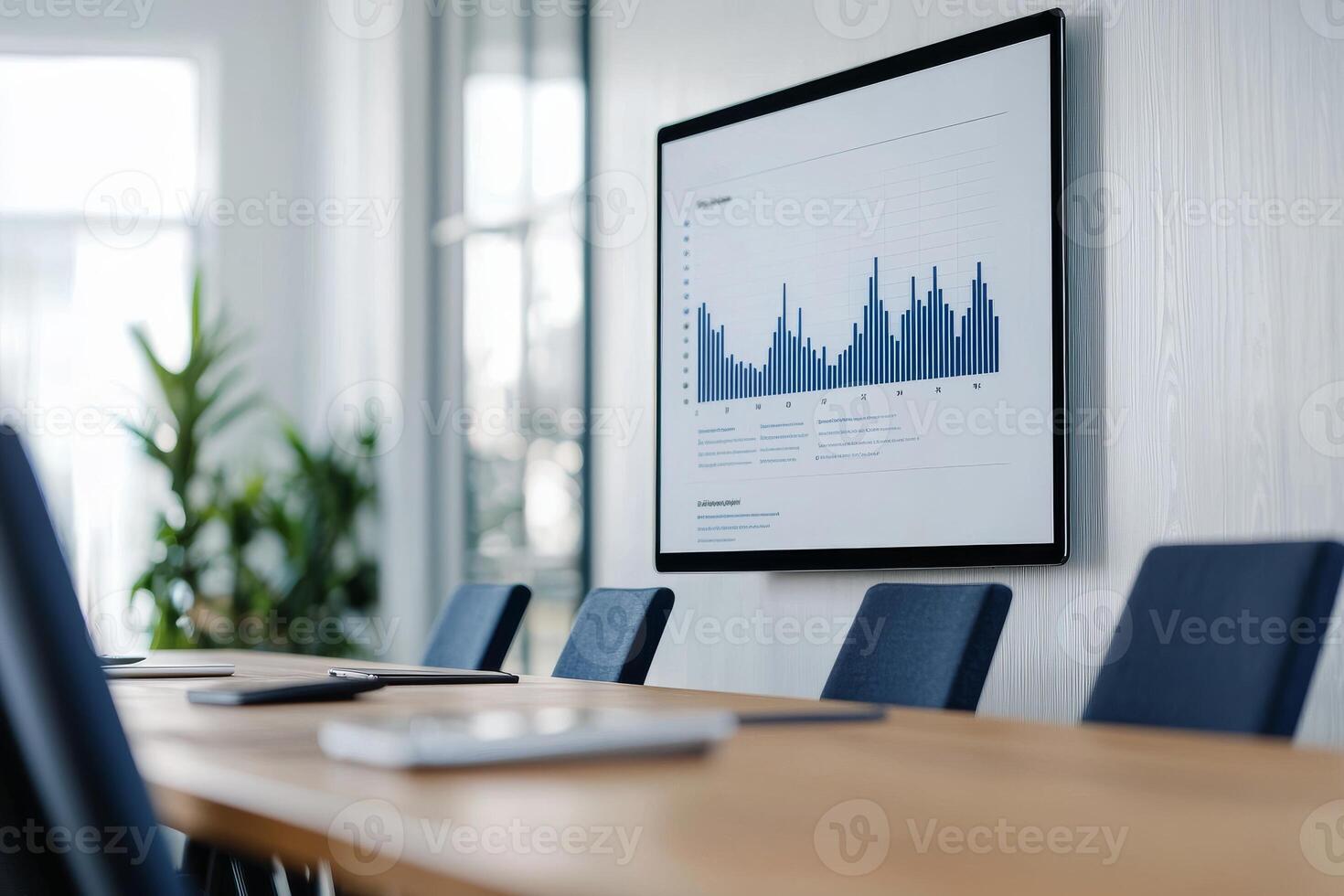 Funding with startup ecosystem concept. Conference room with a screen displaying blue data charts. photo