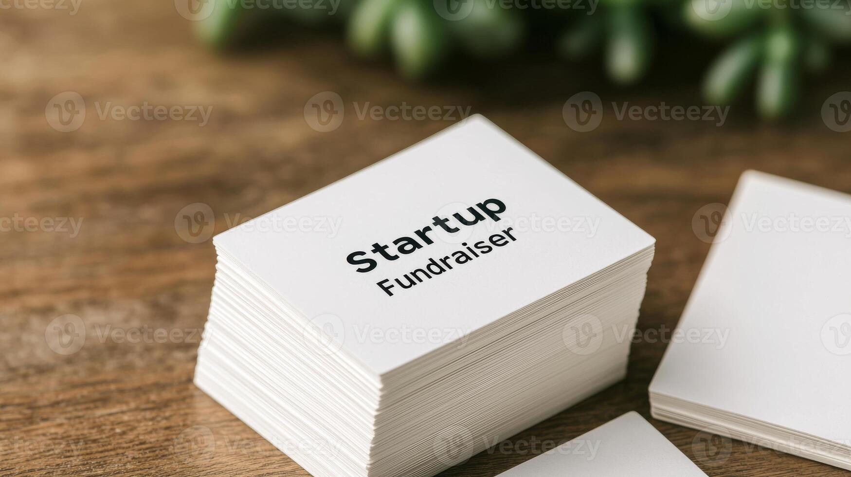 Funding with startup ecosystem concept. Startup fundraising cards on a wooden surface with greenery in the background. photo