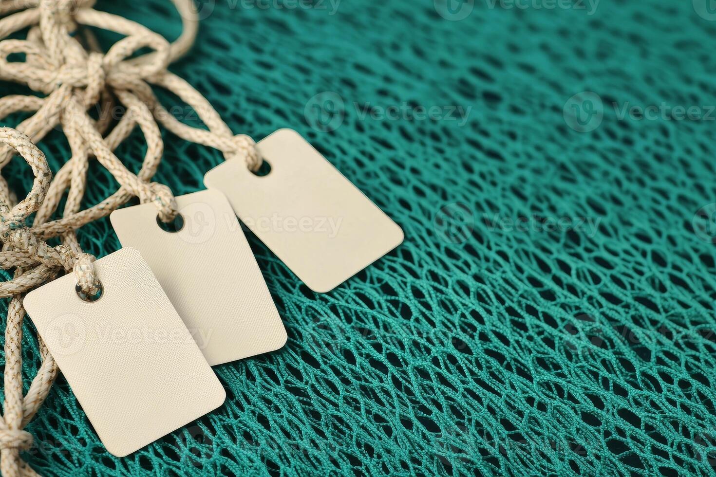 Ocean preservation action concept. Blank tags on textured teal fabric background photo