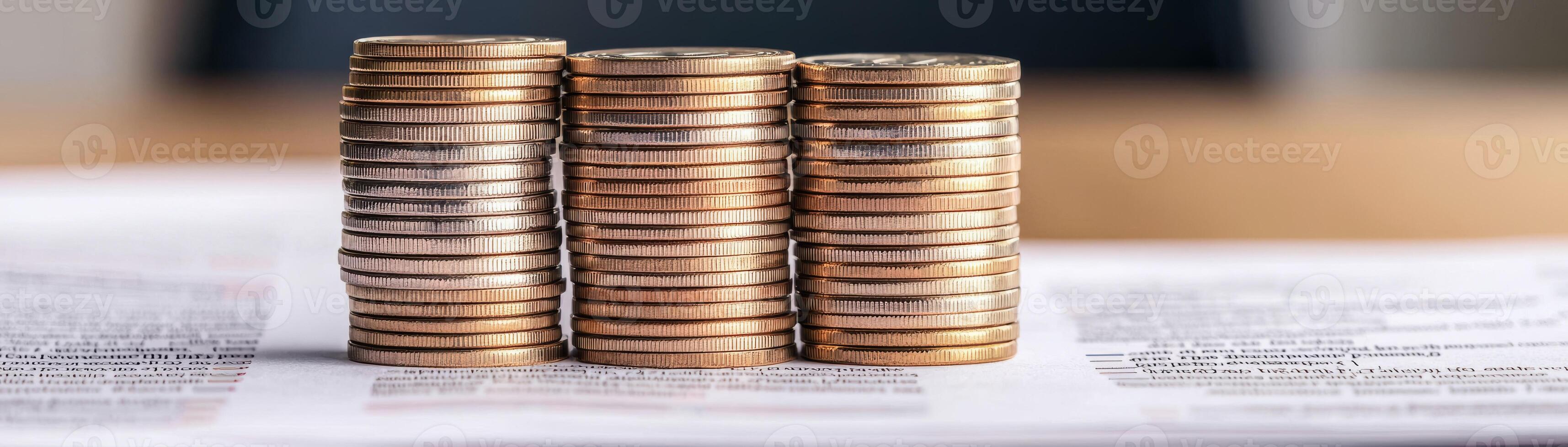 Economic policy reform concept. Stacks of coins on documents, representing finance and investment. photo