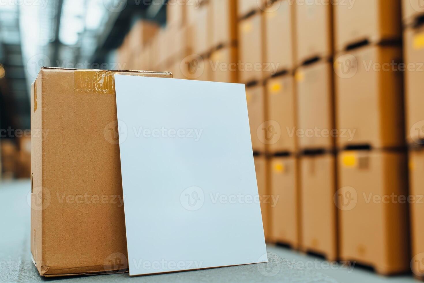 Export ban concept. Cardboard box with blank label in a warehouse setting. photo