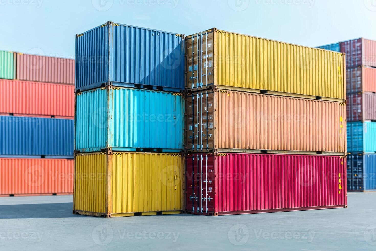 Export ban concept. Colorful shipping containers stacked at a dockyard. photo