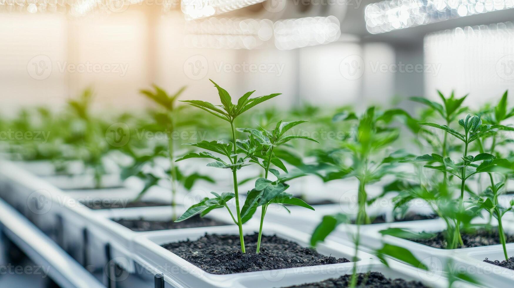 Solution engineering in biomedical concept. Green seedlings growing in a greenhouse environment. photo