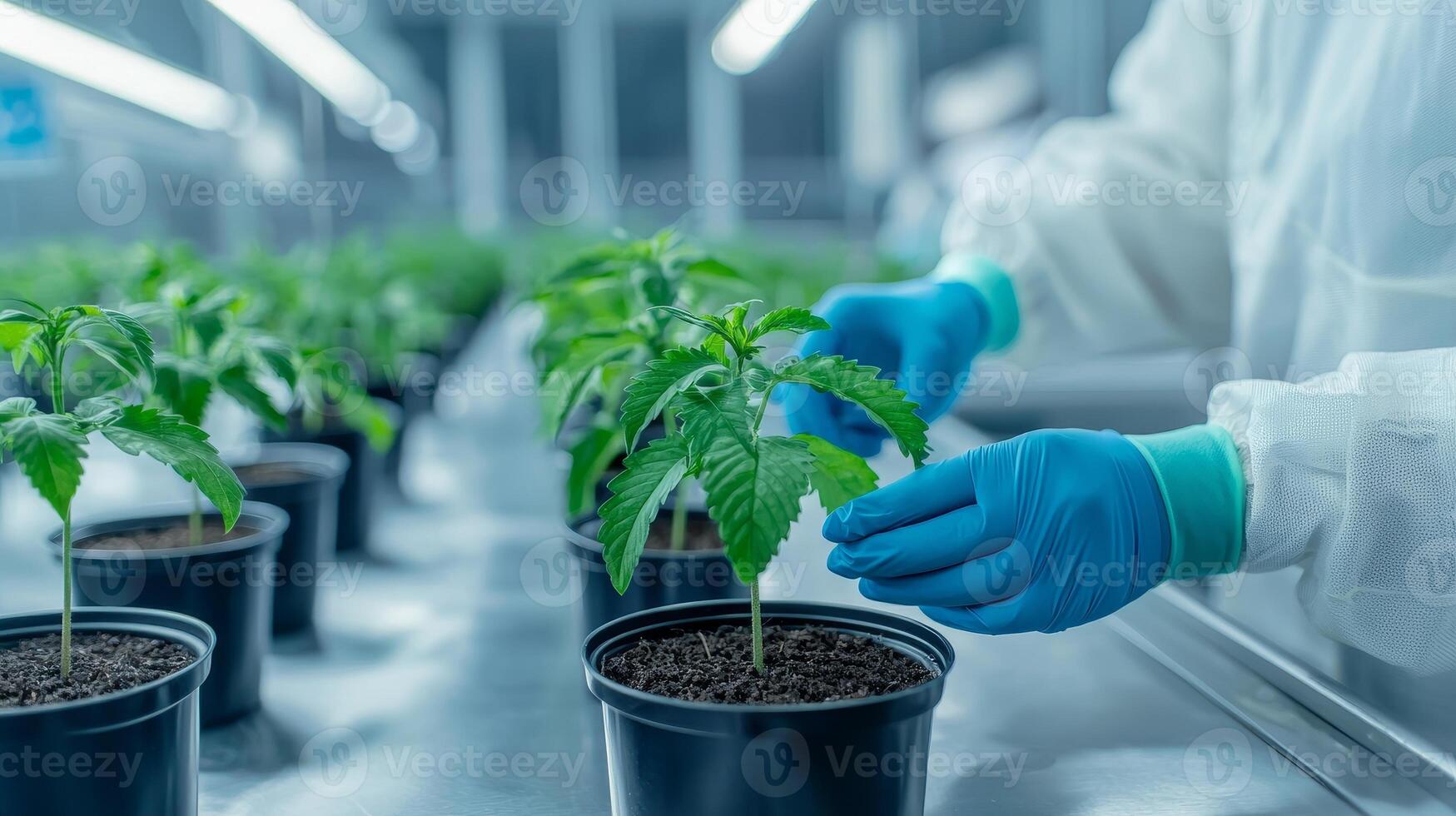 Solution engineering in biomedical concept. Greenhouse cultivation with hands tending to seedlings in pots. photo