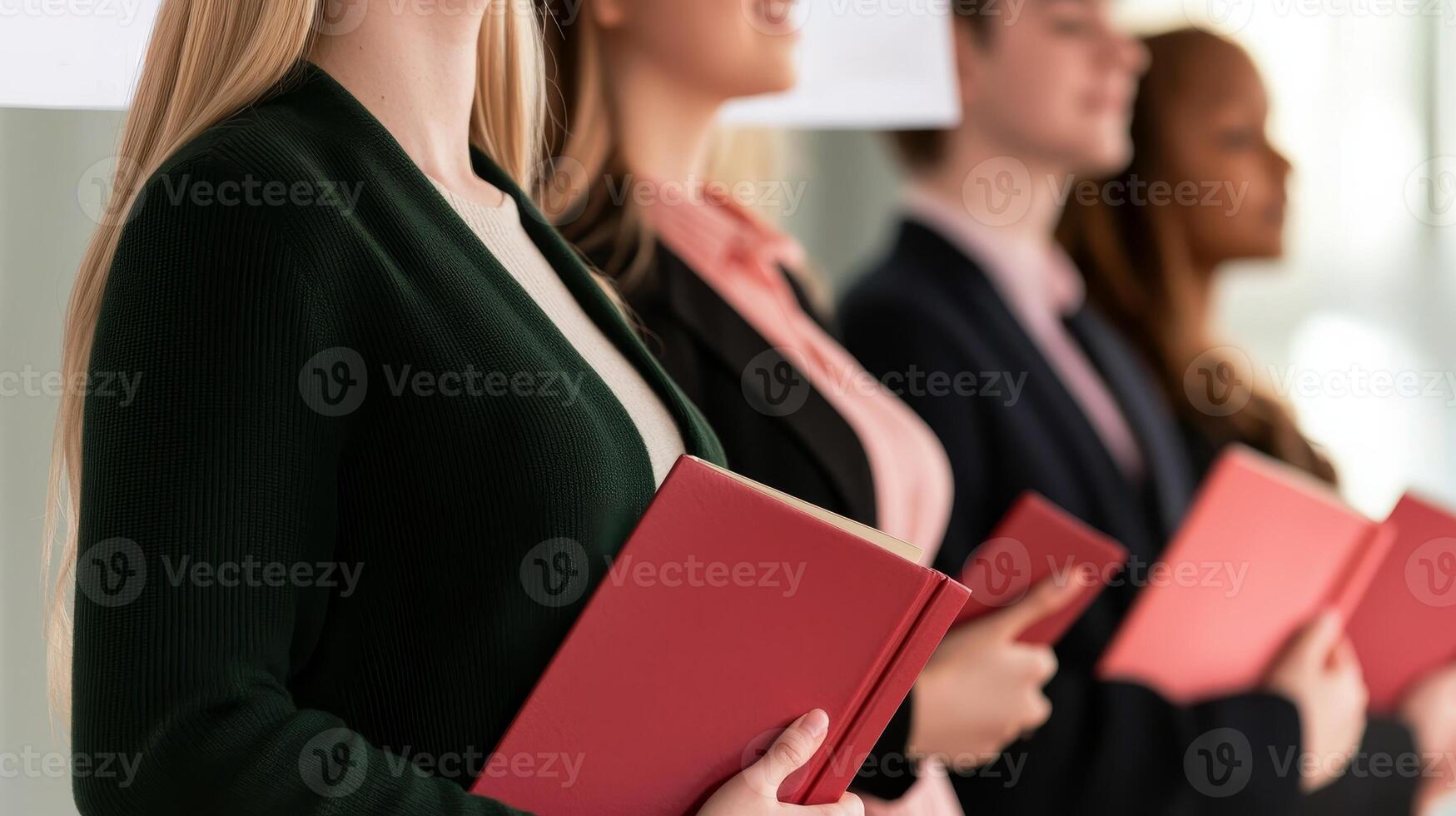 tax with exemption concept. Group of professionals holding red folders in a line. photo