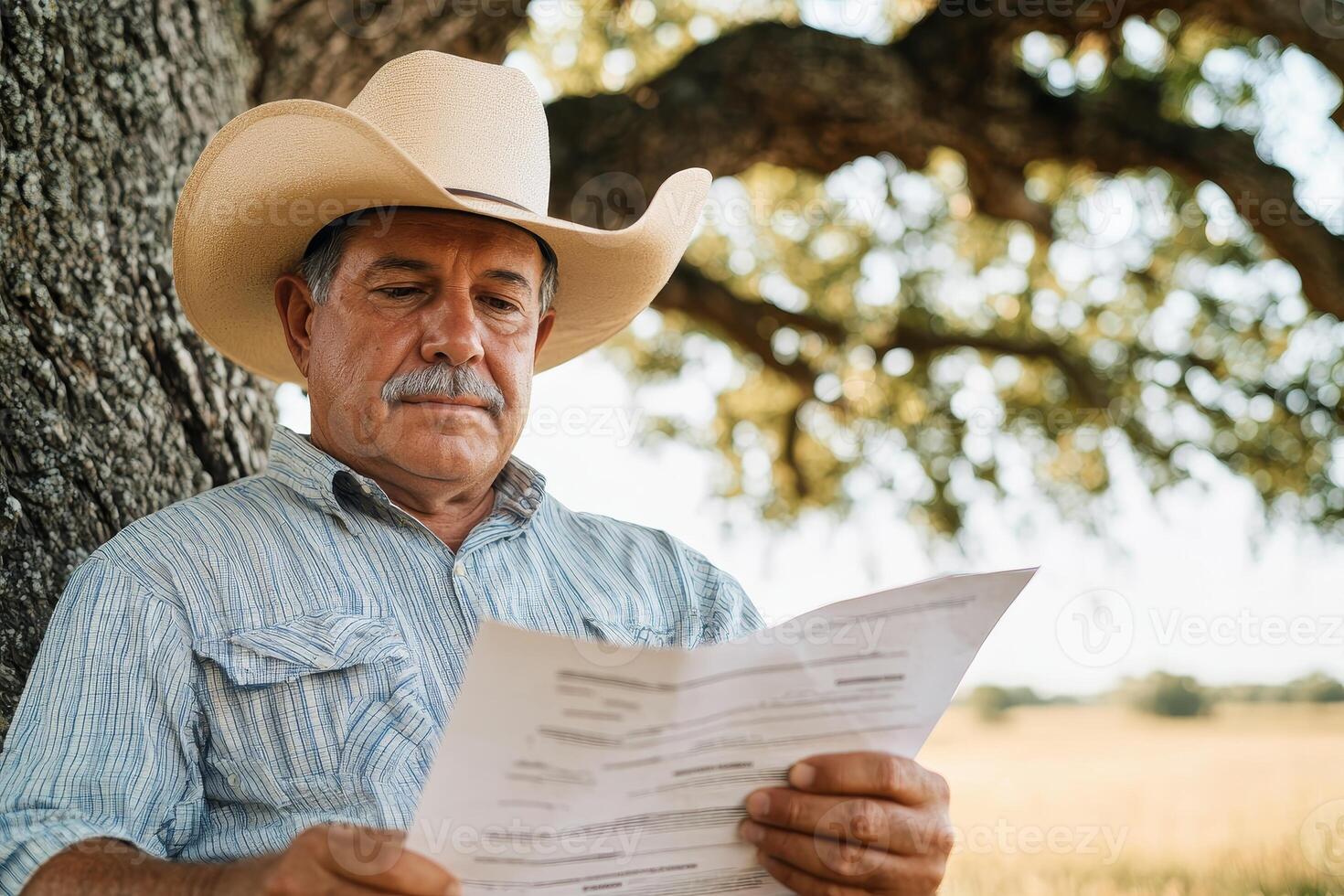 Tax with local concept. A man in a cowboy hat reading papers under a tree. photo