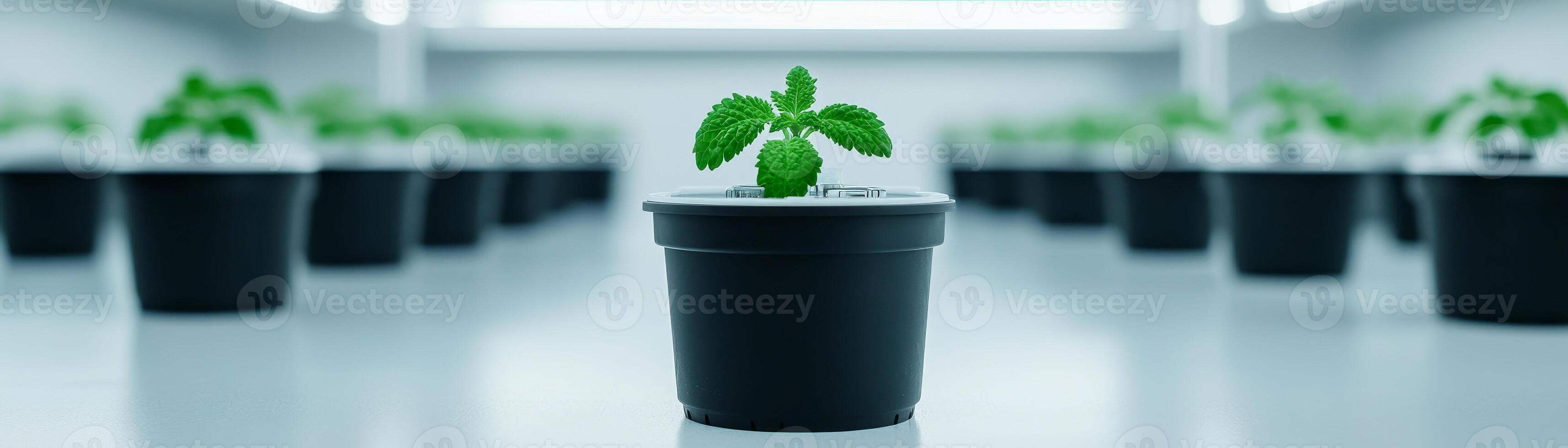 Solution engineering in biomedical concept. Green plant sprouting in a pot among rows of similar pots in a bright environment. photo