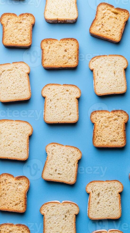 Reduction food waste concept. Toast slices arranged on a blue background in a creative pattern. photo