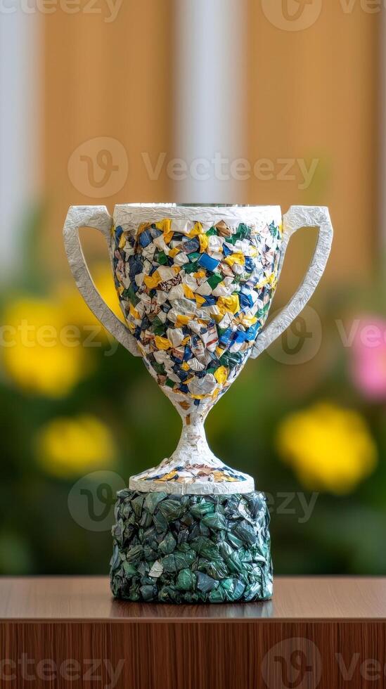 Sustainable goal achievement concept. Colorful trophy on display with floral background. photo