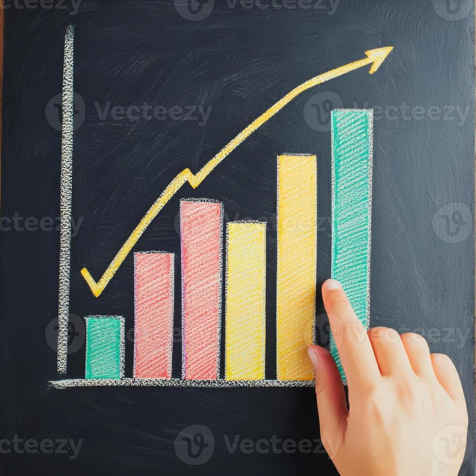 Advice investment tip concept. Chalkboard graph showing upward trend with colorful bars and hand pointing. photo