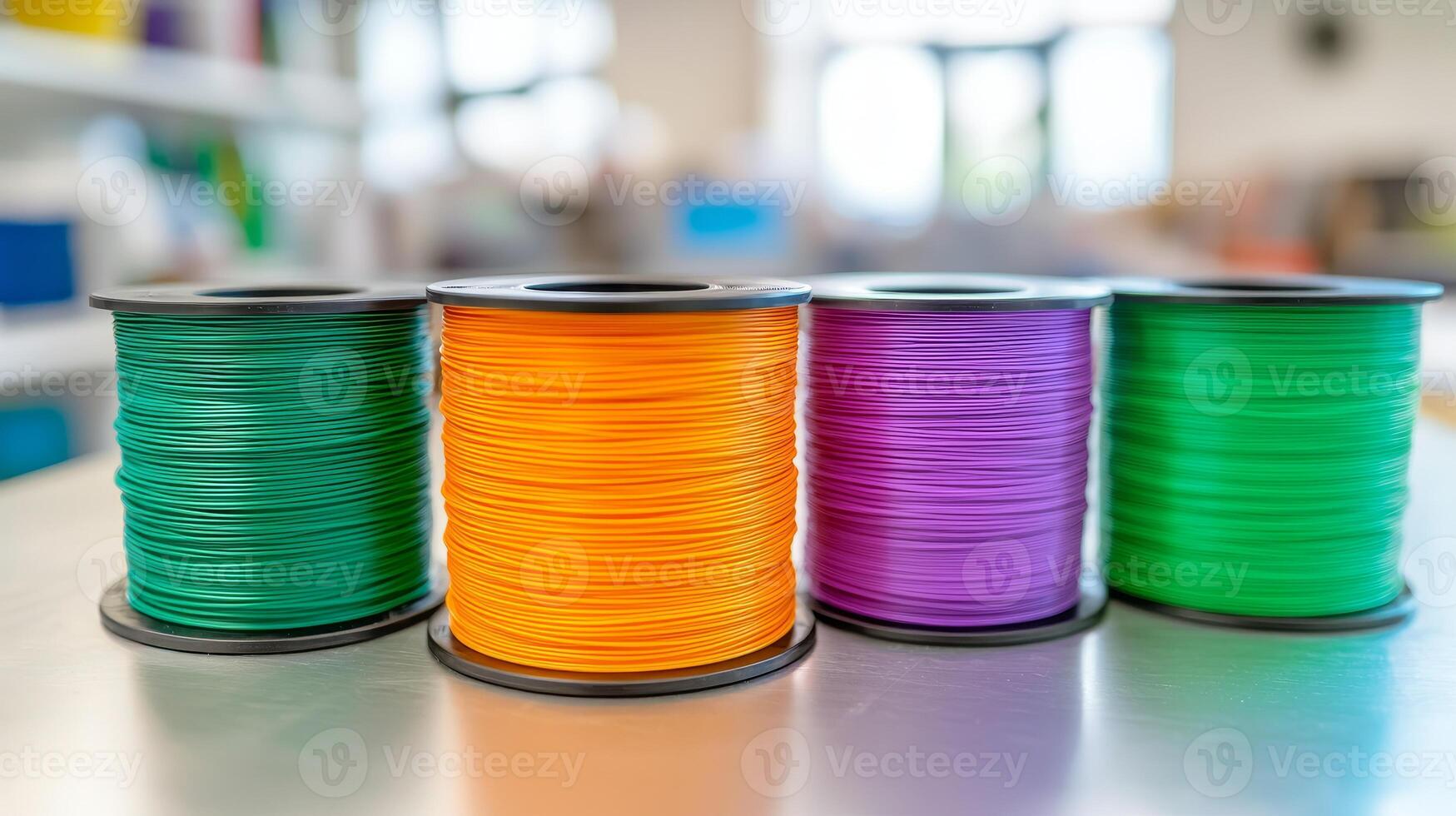 Recycle material advancement concept. Colorful spools of thread arranged on a table in a bright environment. photo
