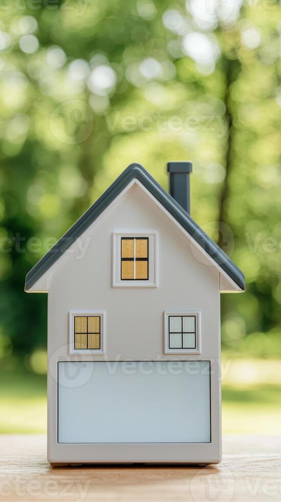 Efficient tech of investment and energy concept. Model house on a table with greenery in the background. photo