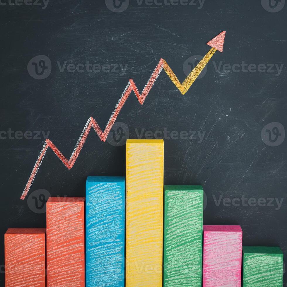 Advice investment tip concept. Colorful bar graph with an upward trend on a chalkboard background. photo