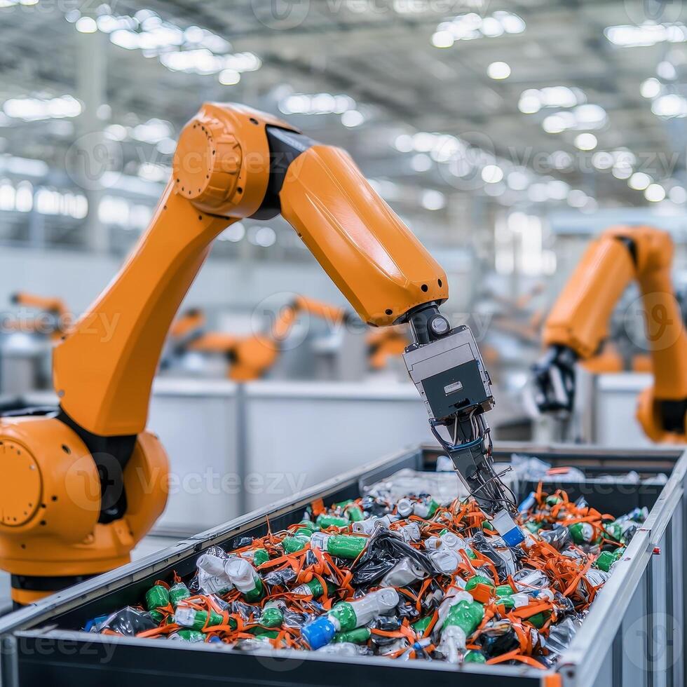 Recycle material advancement concept. Robotic arms sorting plastic waste in a recycling facility. photo