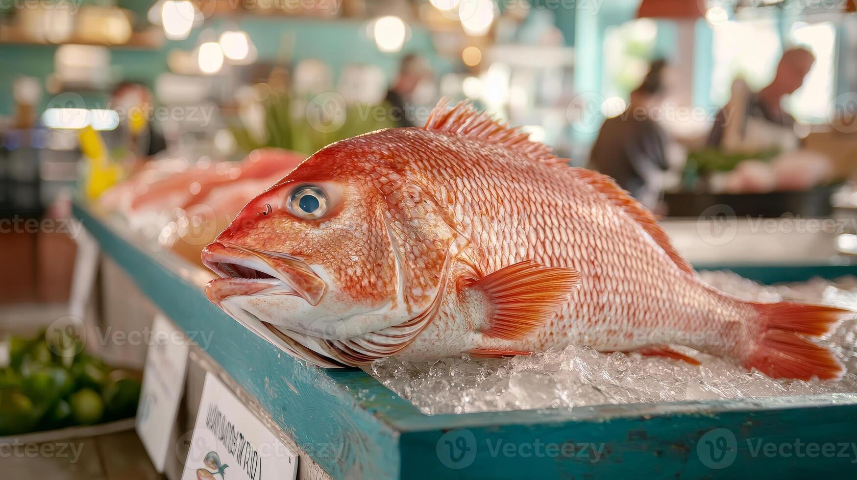 Sustainable management with fisher. Fresh red fish displayed on ice in a market setting. photo