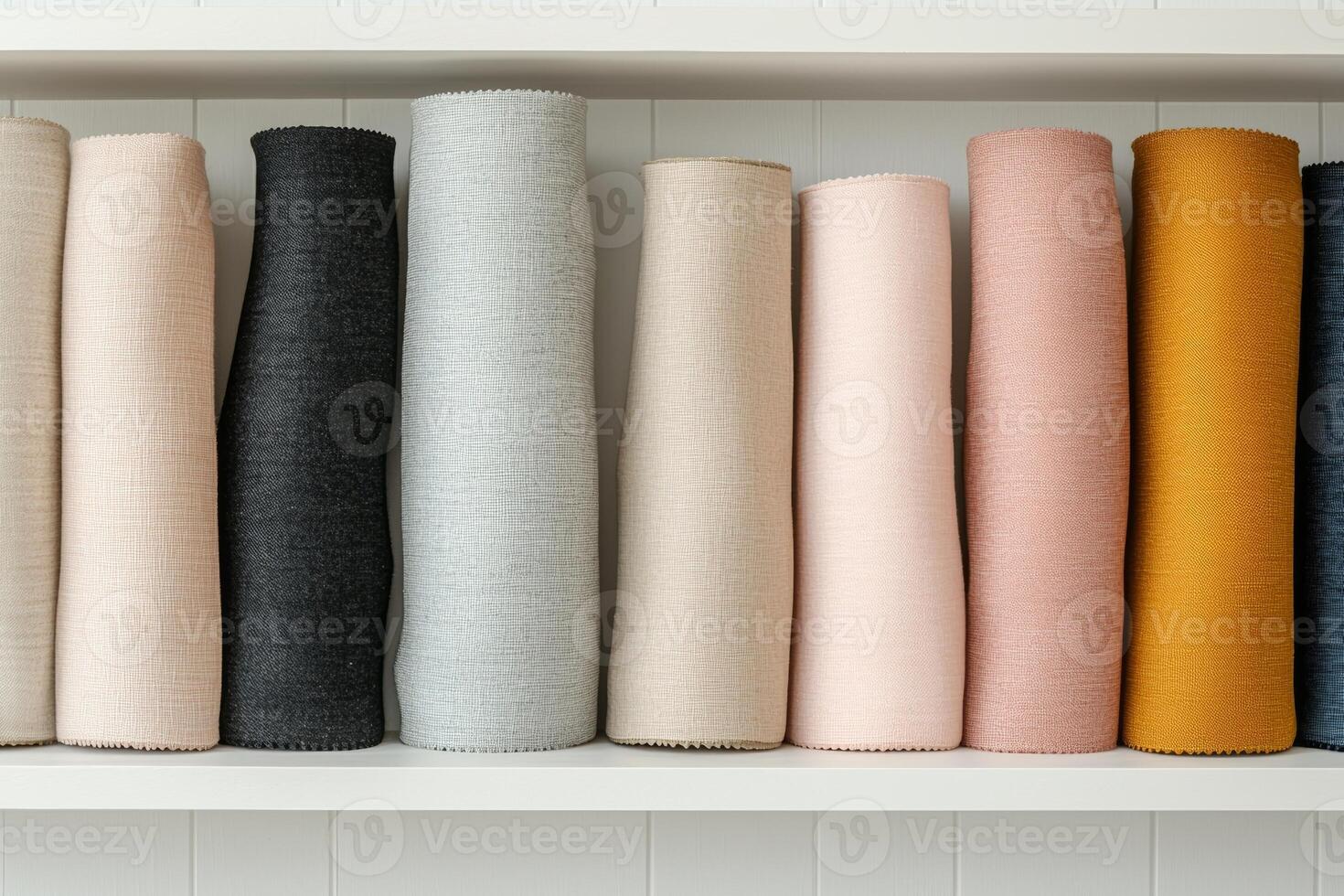 Recycle material advancement concept. Rolls of fabric in various colors displayed on a shelf. photo