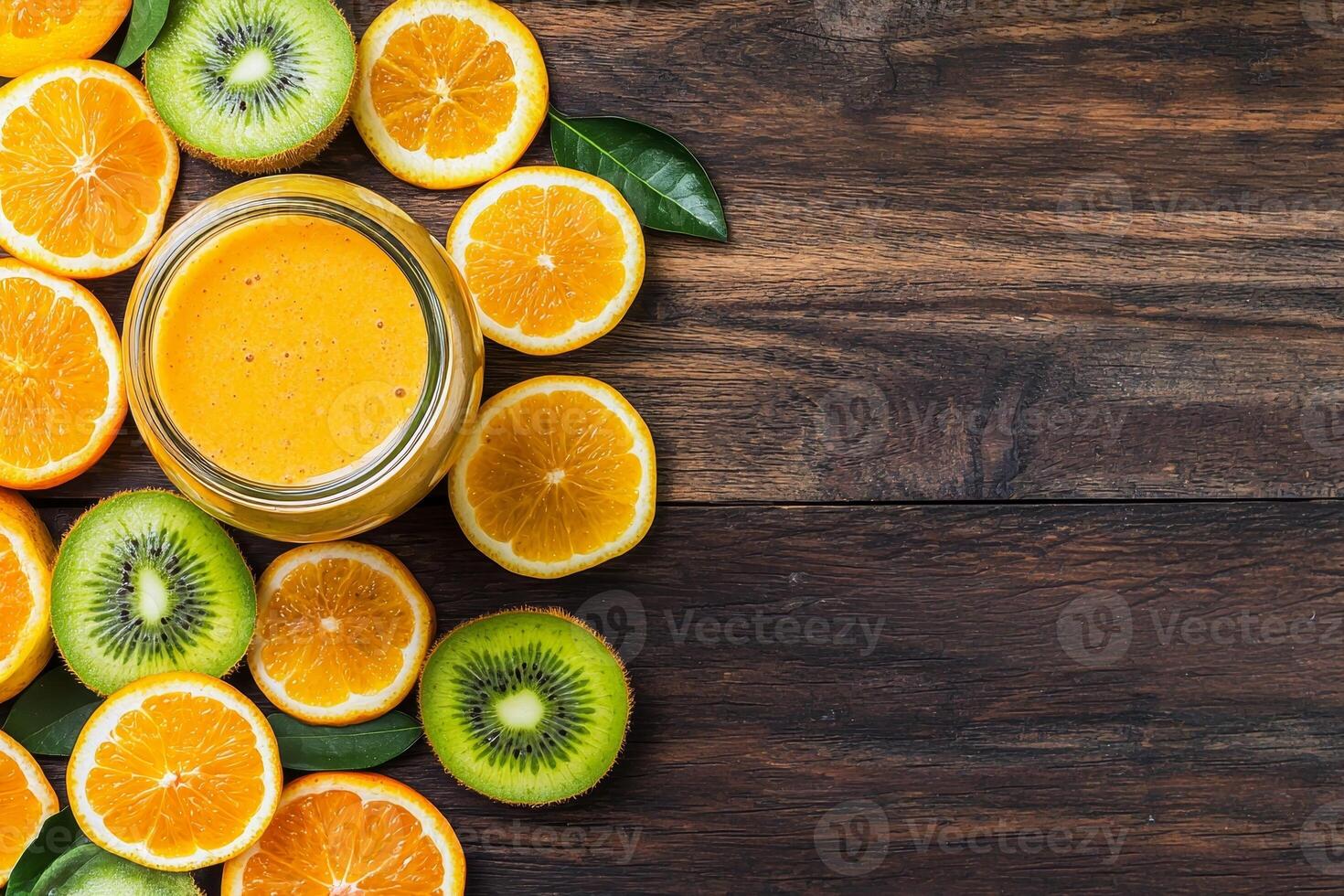Nutritional food choices concept. Fresh citrus juice surrounded by sliced fruits on a wooden surface. photo