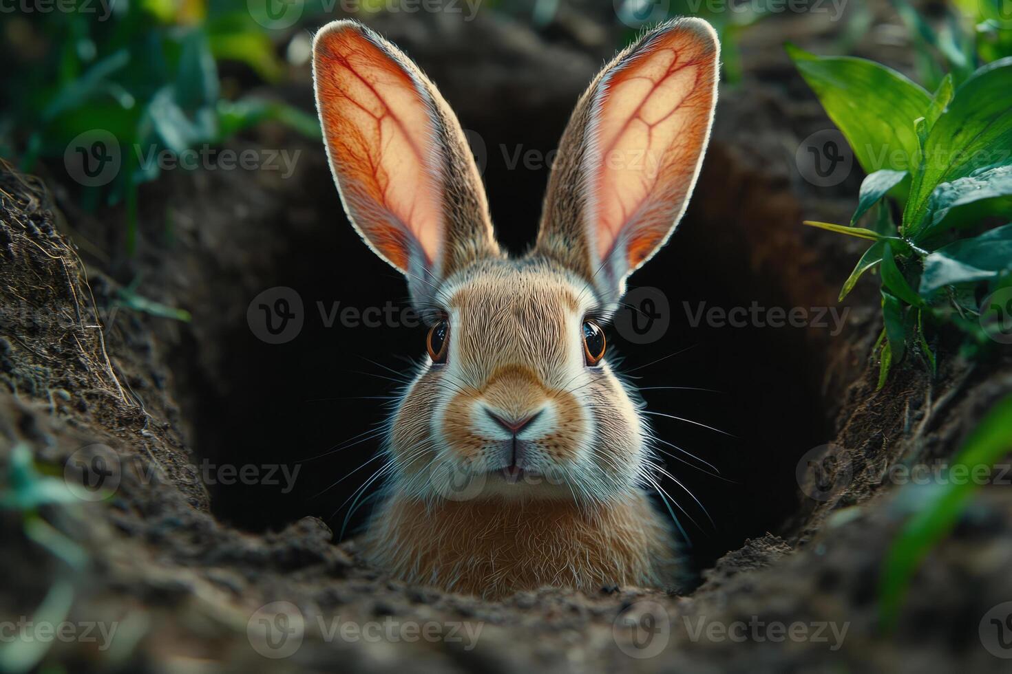 Curious rabbit emerging from burrow photo