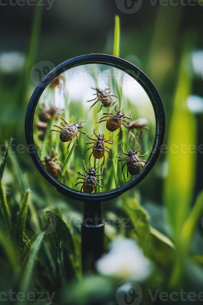 Tick magnified through a lens in grass photo