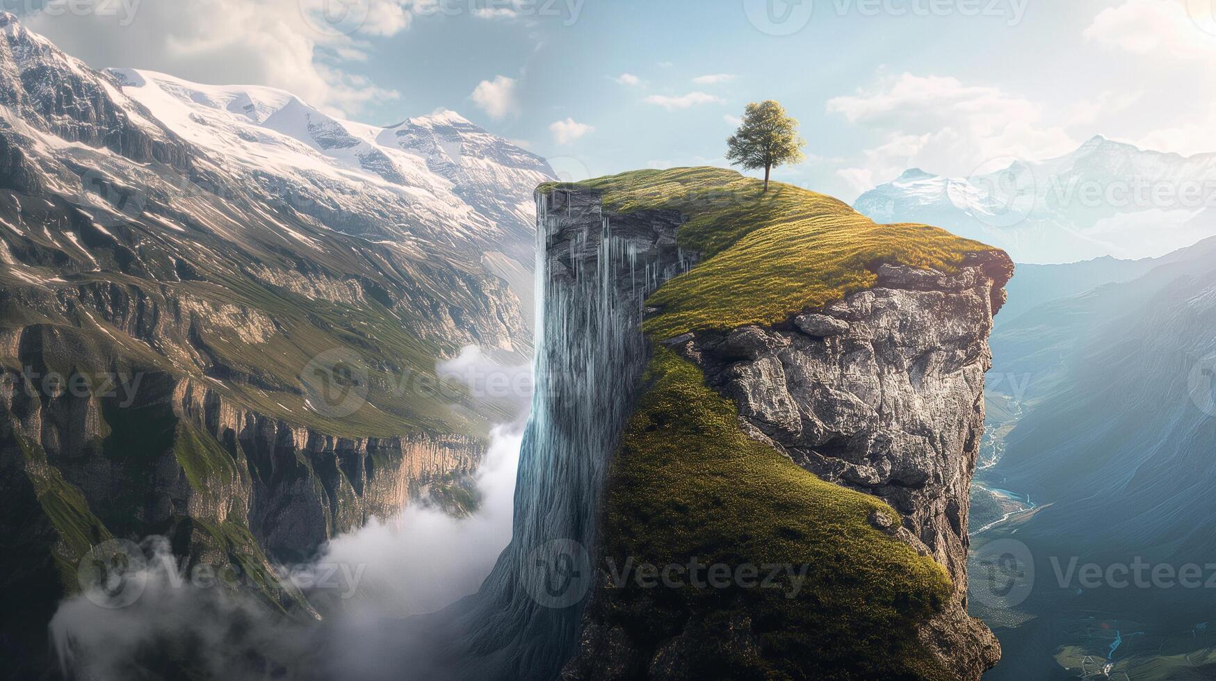 A lone tree stands on top of a cliff photo