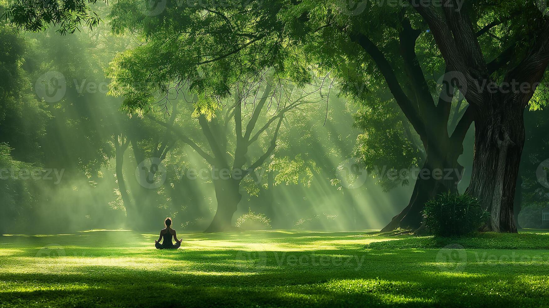 A person sitting in the middle of a green park photo