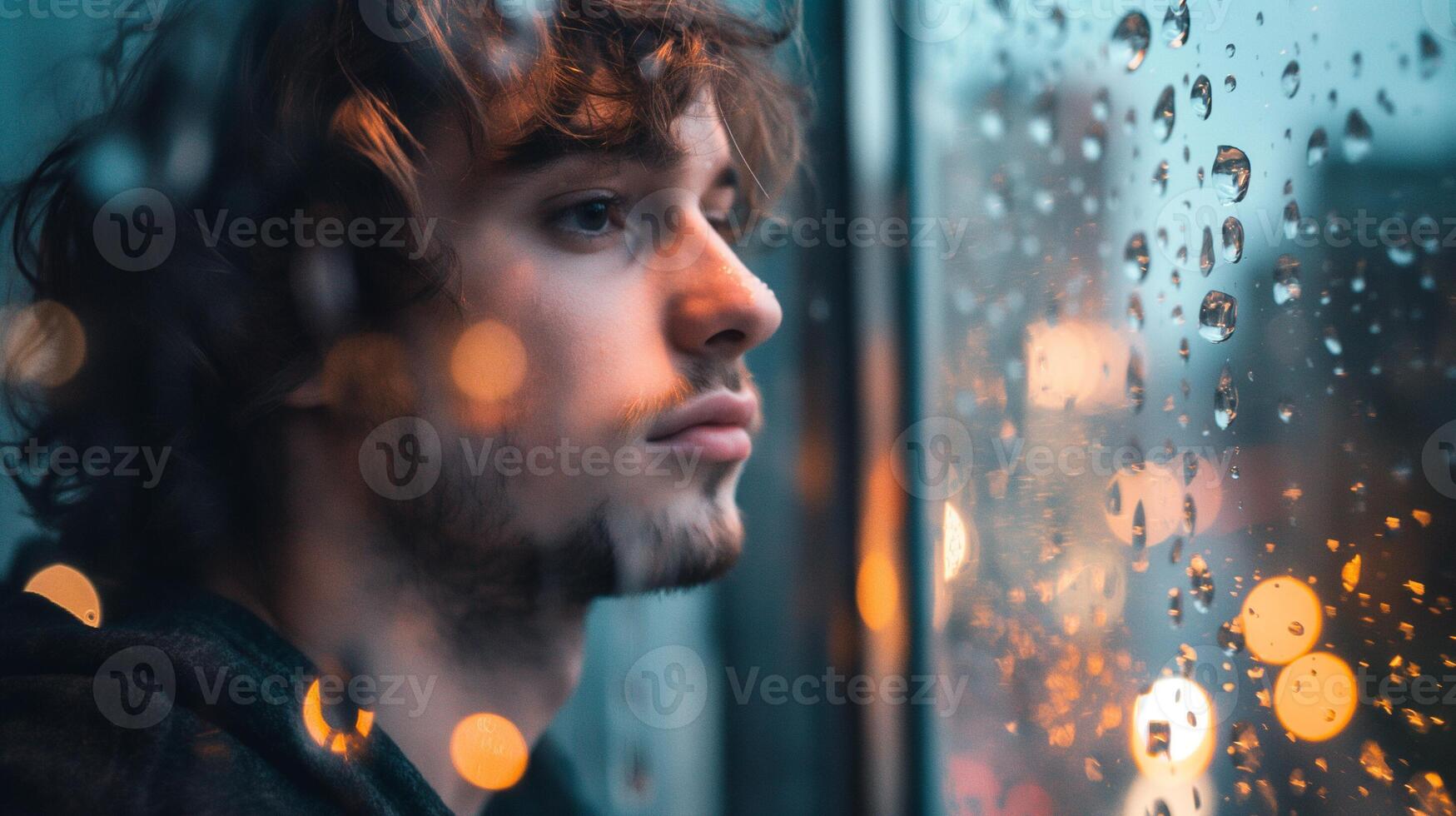 A man looks out the window at the rain photo