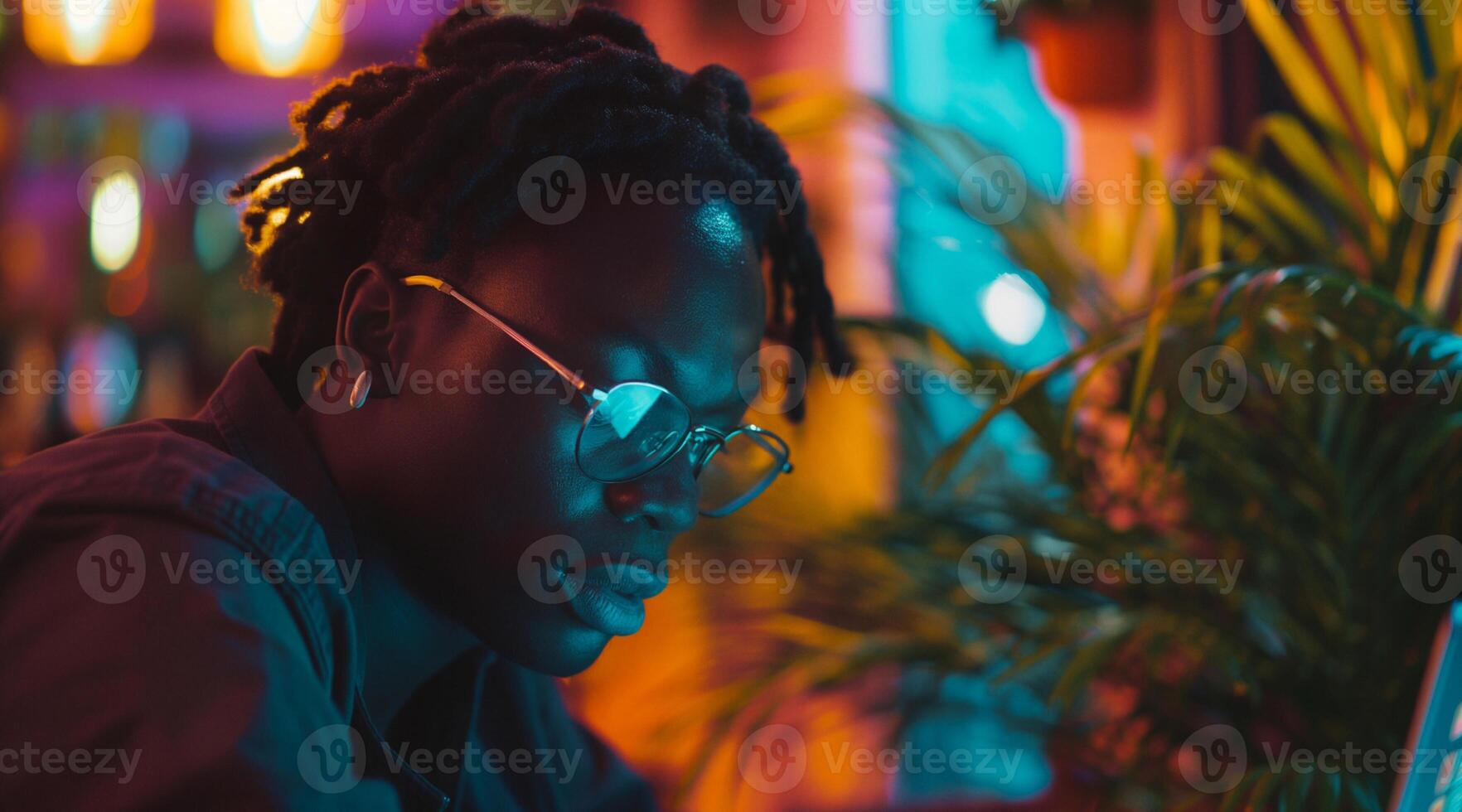 A man with dreadlocks sitting at a desk with a laptop photo